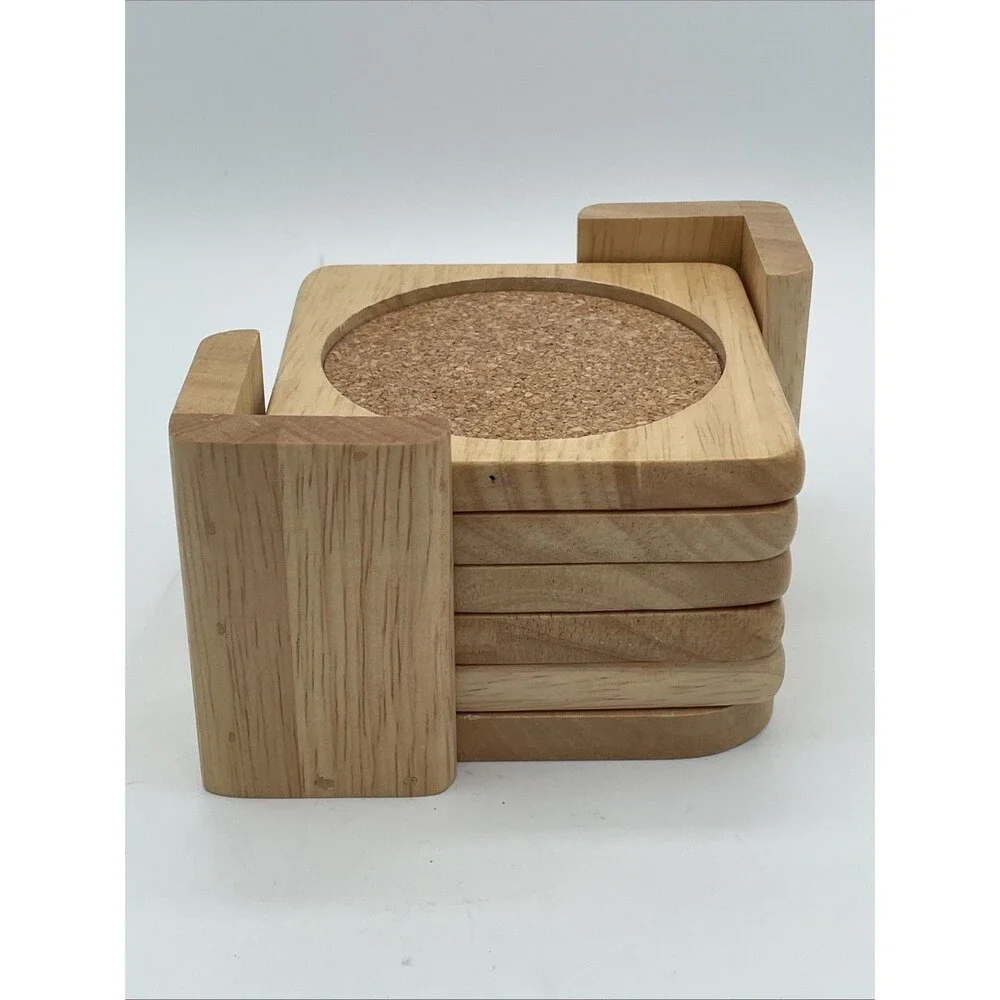 Set Of 5 MCM Vintage Light Wood Drink Coaster Set with Holder CORK TAIWAN